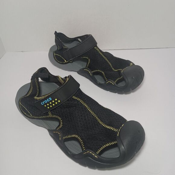 Crocs Swiftwater Black Mesh Fisherman Deck Sandals Men's Sz 12 Ankle Strap 15041 - Picture 2 of 16